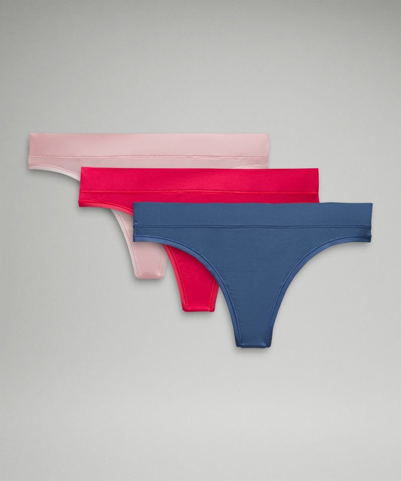 Lululemon UnderEase Mid-Rise Thong Underwear *3 Pack Oasis Blue / Strawberry Milkshake / Glaze Pink Online Outlet Sale